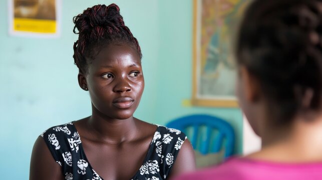 A trafficking survivor receiving support at a rehabilitation center, reflecting the long-term impact of human trafficking