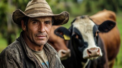 Fototapeta premium A Cowboy and His Cattle in the Countryside