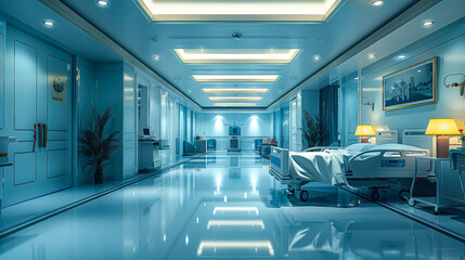 Obraz premium Hospital room with a bed and a lamp