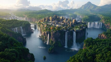 Fototapeta premium Aerial view of a stunning waterfall and lush green landscape with a city.