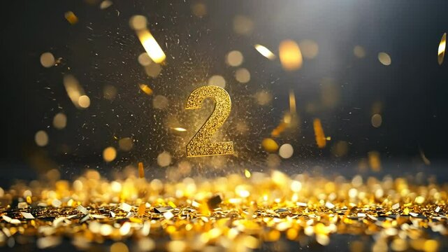 A golden number two is surrounded by falling confetti