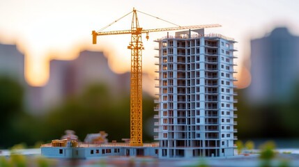 A model construction site featuring a crane and a multi-story building in a blurred background.