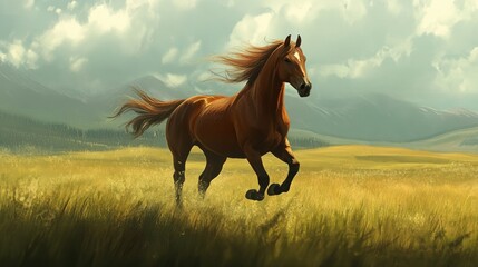 Obraz premium A Chestnut Horse Running Through a Golden Meadow