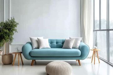 sofa in spacious room against blank white wall with copy space Scandinavian interior design of modern living room