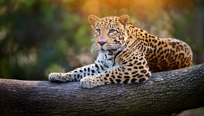 Fototapeta premium Sri Lankan leopard (Panthera pardus kotiya), big spotted cat lying on the tree in the nature habitat