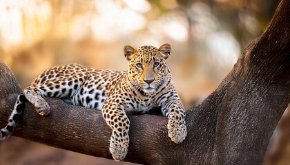 Fototapeta premium Sri Lankan leopard (Panthera pardus kotiya), big spotted cat lying on the tree in the nature habitat