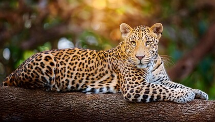 Obraz premium Sri Lankan leopard (Panthera pardus kotiya), big spotted cat lying on the tree in the nature habitat