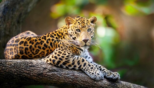 Sri Lankan leopard (Panthera pardus kotiya), big spotted cat lying on the tree in the nature habitat