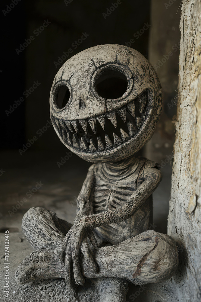 Poster dark and twisted puppet figure with sinister design and bone-like features, capturing eerie aestheti