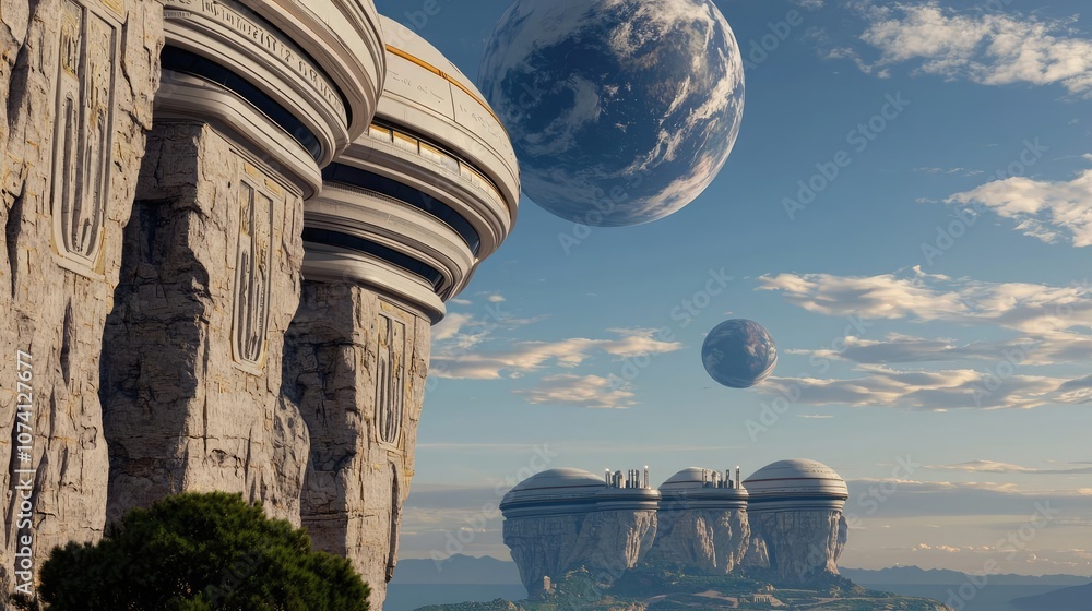 Poster futuristic architecture with planets in the background under a clear blue sky.