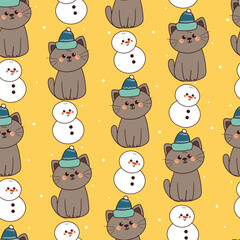 seamless pattern cartoon cat with snowman. cute christmas and winter wallpaper for fabric print, gift wrap paper