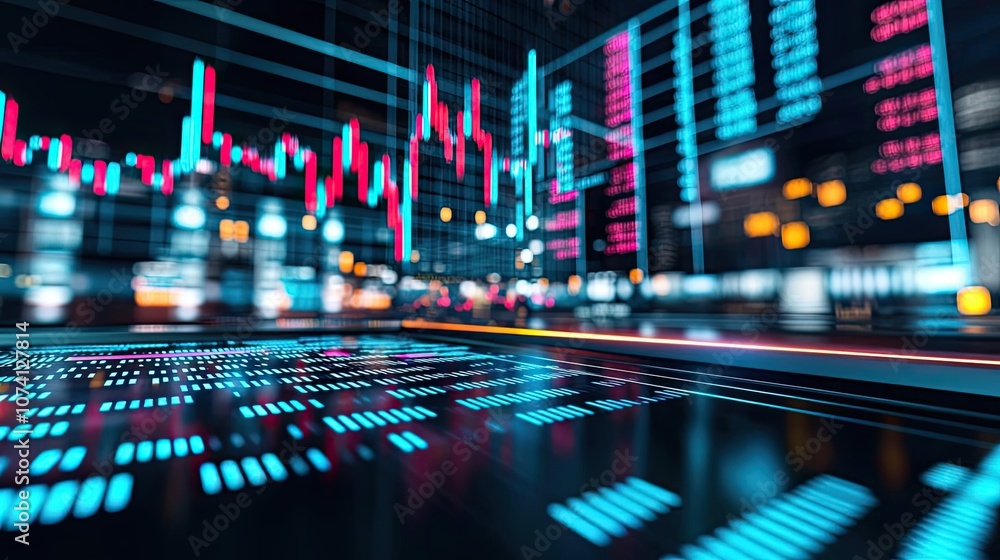 Poster digital financial market display with colorful graphs and indicators.