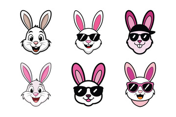 A vector set featuring six playful bunny characters wearing sunglasses and hats, showcasing cheerful and fun expressions for designs.