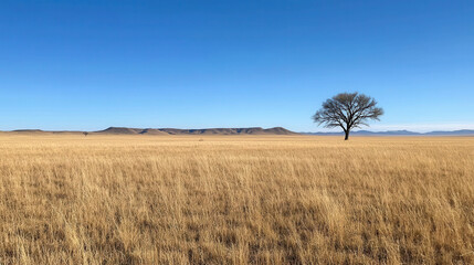 Obraz premium Expansive Golden Grassland Under Clear Blue Sky with Solitary Tree and Distant Hills Creating a Breathtaking Natural Landscape Scene