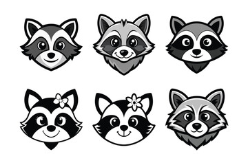 A vector set of six adorable raccoon characters featuring various cute expressions and charming details, perfect for playful designs