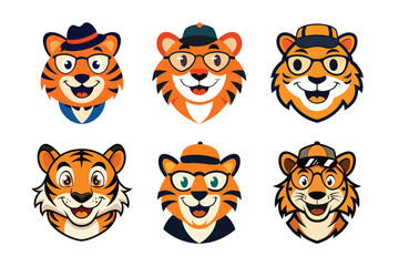 A vector set featuring six stylish tiger characters wearing hats and glasses, showcasing playful and expressive faces for creative designs.