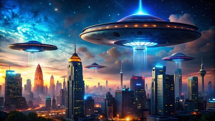 Nighttime UFO Invasion: Mysterious Alien Encounter Over Cityscape with Illuminated Spaceships and a Dramatic Sky, Perfect for Sci-Fi Themes and Atmospheric Illustrations