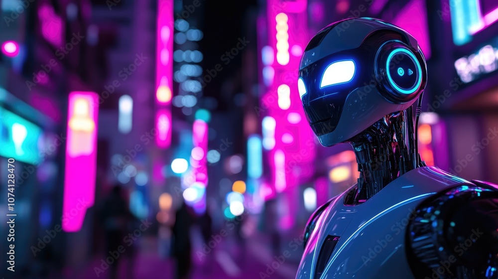 Poster humanoid robot with illuminated face in a vibrant neon cityscape showcasing advanced ai technology w