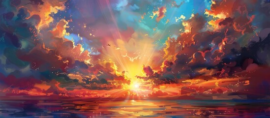 Fototapeta premium The Clouds Depart And Sun Rays Of The Setting Sun Shines Through Coloring Mother Nature