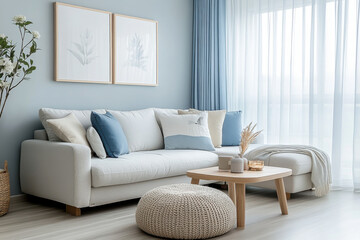 minimalist living room with light colored laminate and  blue tone