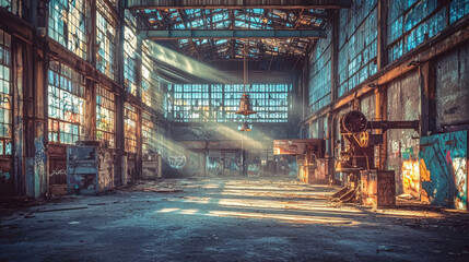 Fototapeta premium Abandoned Warehouse Interior with Broken Windows and Sunlight Streaming Through, Capturing a Moody and Atmospheric Setting of Urban Decay