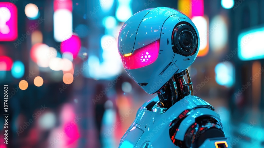 Poster humanoid robot with illuminated face in a vibrant neon cityscape showcasing advanced ai technology w