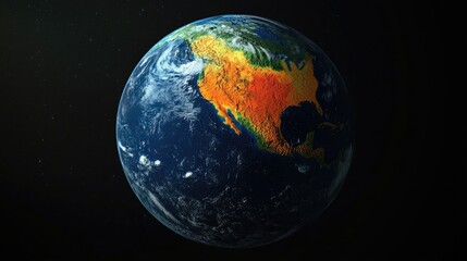 Obraz premium Satellite image of Earth displaying areas impacted by El Nino enhanced with visual overlays and infographics illustrating anticipated weather changes