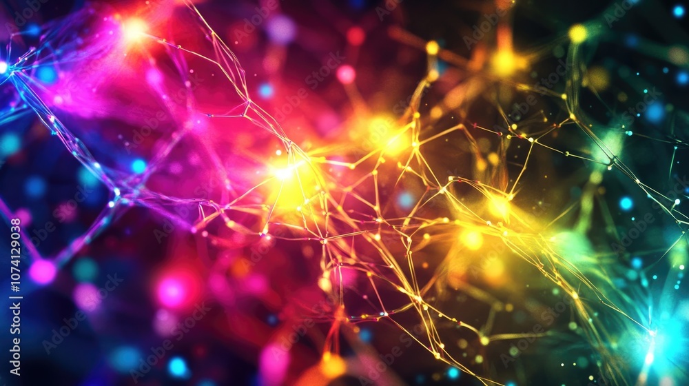 Poster abstract background featuring a neural network design with vibrant glowing colors