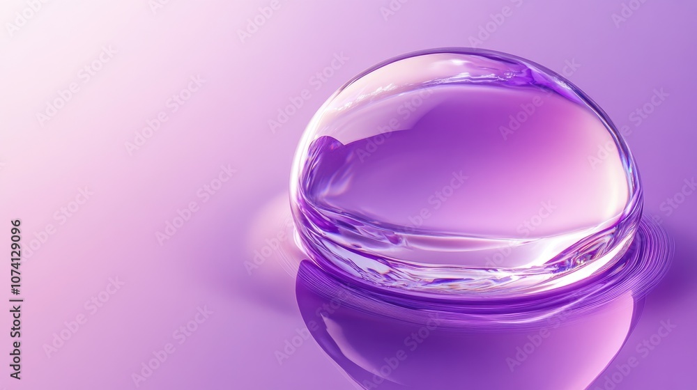 Poster large drop of liquid in a beautiful round shape with bright glare and shadow on a rich purple lilac 