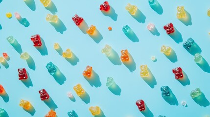 Colorful Gummy Bears on Blue Background