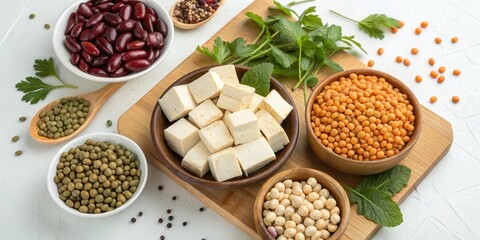 Plant-based protein sources such as lentils, beans, and tofu in a colorful and appetizing display, plant-based, protein