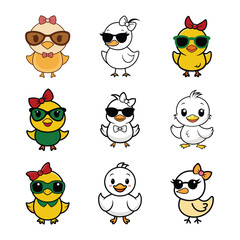 A vector set featuring nine cute and stylish chick characters with sunglasses, bows, and playful expressions for design projects.