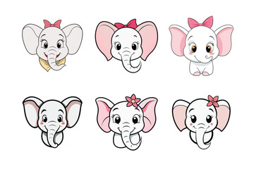 A vector set of six adorable elephant characters with pink bows, showcasing cute and expressive faces, perfect for designs