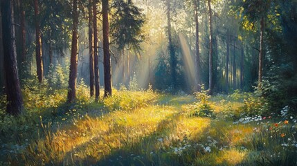 Fototapeta premium Soft morning light caresses a tranquil forest clearing accentuating vivid plants and creating calming shadows beneath the towering trees