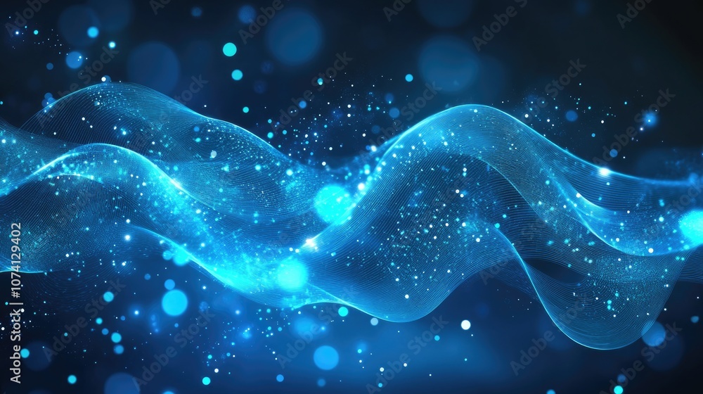 Poster abstract blue technological background featuring wave patterns and dots