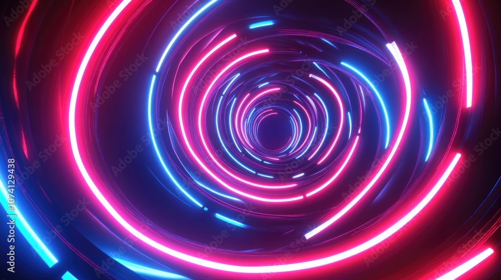 Poster 3d rendering of a red and blue neon helix spiral featuring an abstract fluorescent background with g