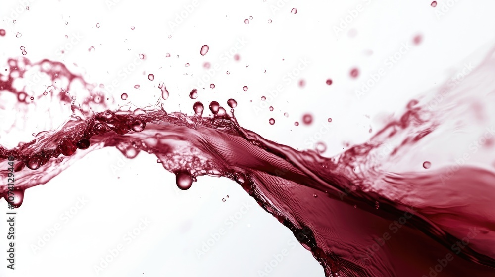 Poster dynamic flow and droplets of red wine splashing against a clean white background