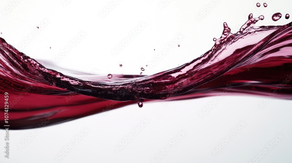 Poster dynamic flow and droplets of red wine splashing against a clean white background