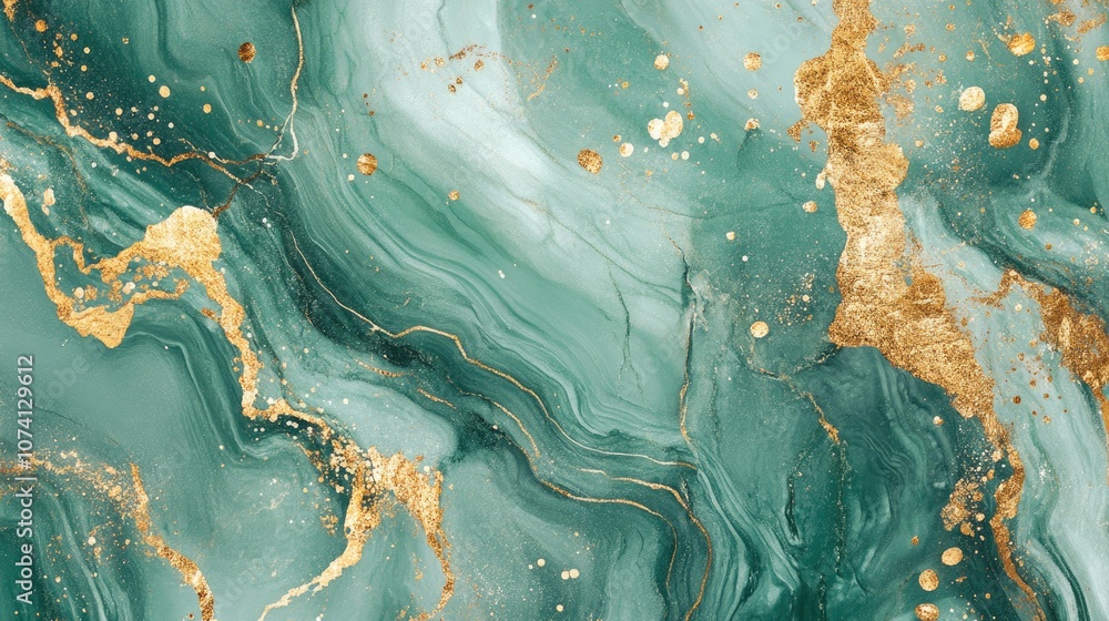 Poster abstract green marble texture featuring gold splashes creating an elegant and luxurious backdrop