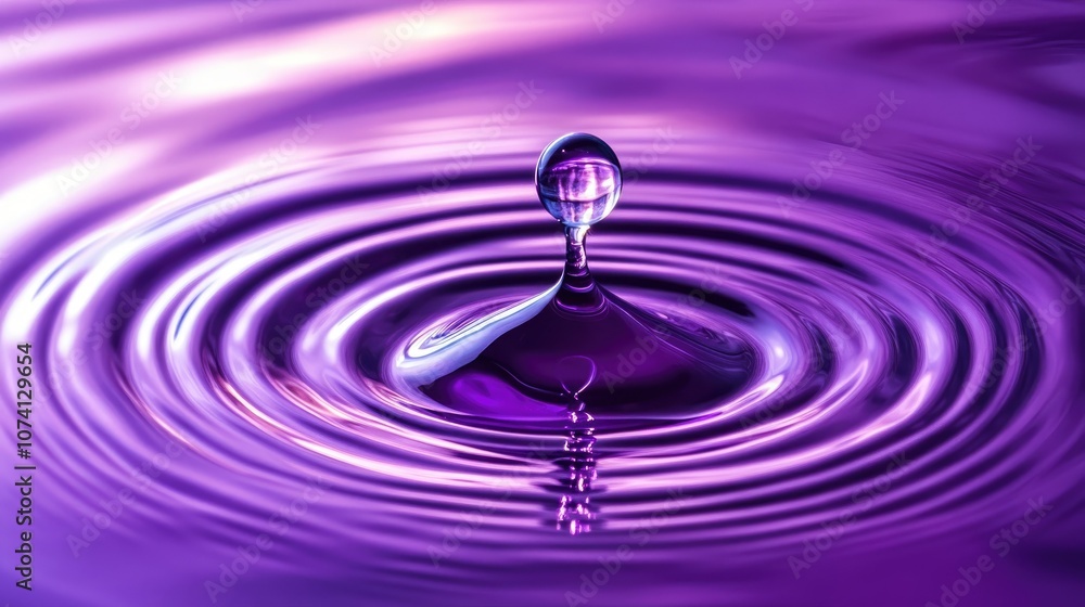 Poster large drop of liquid in a beautiful round shape with bright glare and shadow on a rich purple lilac 