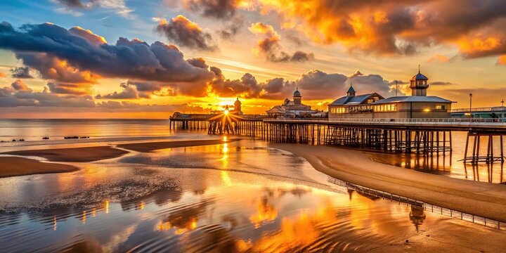 Panoramic Sunset View of Blackpool South Pier with Beach and Promenade Bathed in Evening Sunlight, Capturing the Beauty of Coastal Serenity and Vibrant Colors