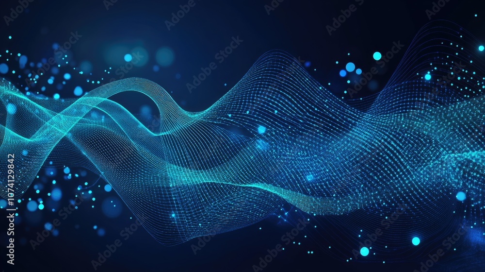 Poster abstract blue technological background featuring wave patterns and dots