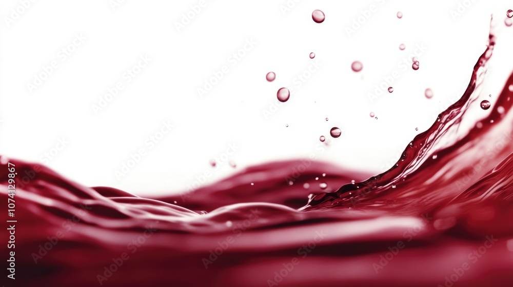 Poster dynamic flow and droplets of red wine splashing against a clean white background