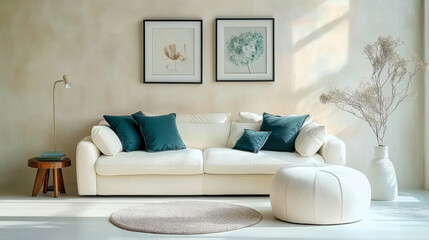 Fototapeta premium White sofa with teal pillows stucco wall Minimalist interior design living room