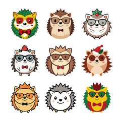 A delightful collection of nine cute hedgehog faces with glasses, bows, and holiday accessories. Perfect for kids' projects and creative vector illustrations.