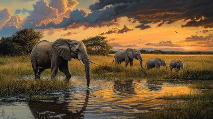 Fototapeta premium A herd of elephants walks through a shallow river at sunset, with the lead elephant drinking from the water.