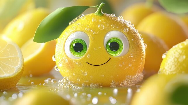 Playful lemon character with bright green eyes adorned with fresh droplets ideal for juice or health related designs Vibrant energetic and full of zest
