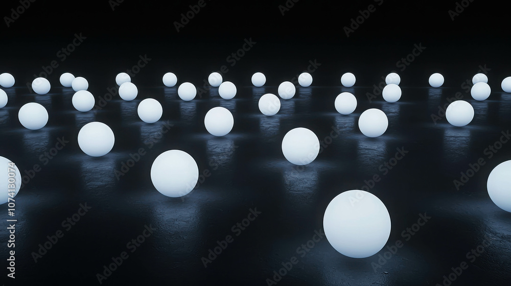 Poster abstract design of floating orbs emitting soft light in dark space, creating a serene atmosphere of 