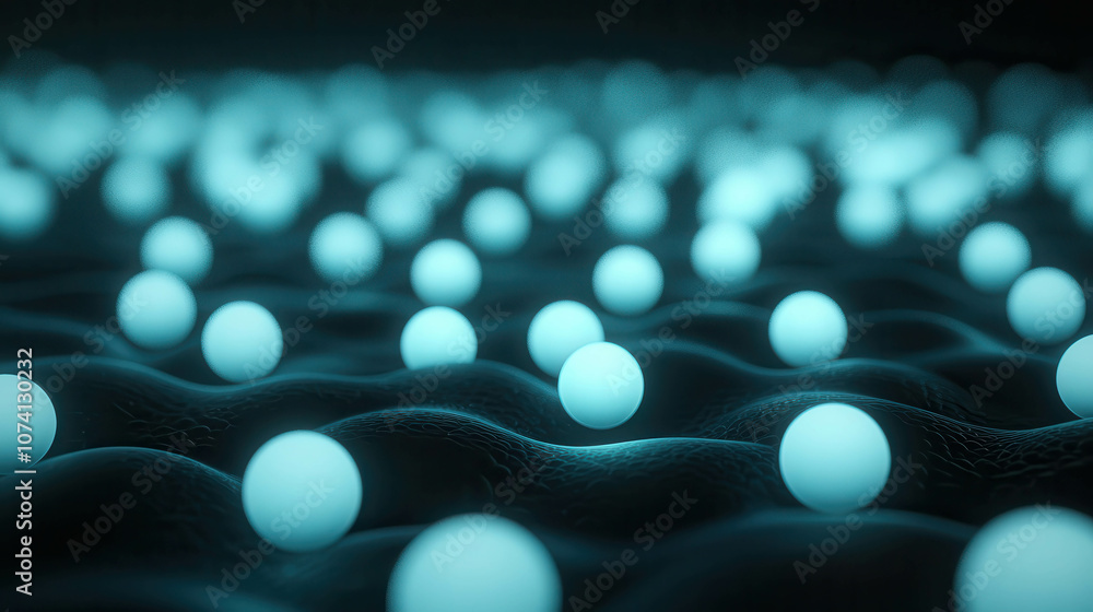Poster abstract scene featuring glowing particles floating in a dark environment, evoking a sense of depth 