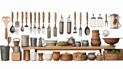 A collection of kitchen utensils and containers arranged on a wooden table for culinary use.
